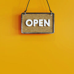 open sign 3d rendered. modern signage on yellow background, white text on wood texture