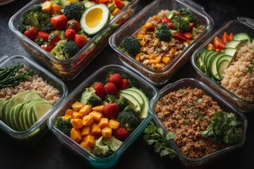 top view of various healthy foods in lunch containers for work or school