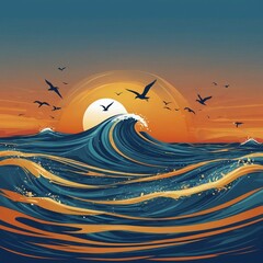 A painting of a wave with a sunset in the background. The birds are flying over the water