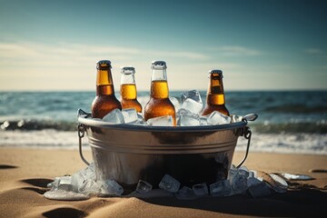 beer bottles in bucket full of ice on the beach, summer drink - obrazy, fototapety, plakaty