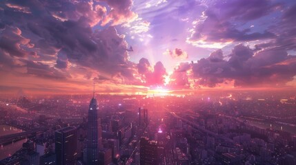 Looking out from a high altitude the sprawling metropolis below is transformed into a mesmerizing landscape with the last rays of sunlight casting a purple and pink aura over