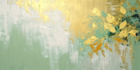 Painting background. Abstract, nostalgic, golden brushstrokes. Textured background. Oil on canvas. Modern Art. Floral leaves, green, gray, wallpaper, poster, card, mural, carpet, hanging, print