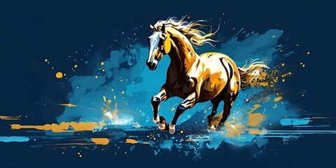 Firefly Art painting, dark blue background, gold horse, run on water, wall art, modern artwork
