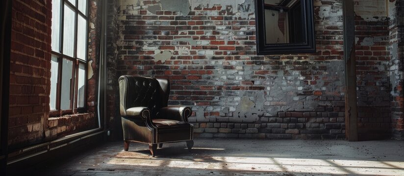 The concept features a black chair and frame inside a room with brick walls.