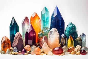 Zelfklevend Fotobehang set of different colored gemstones and crystals on a white background. geology and minerals © photosaint
