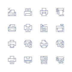 Print line icon set on transparent background with editable stroke. Containing wifi, electronics, printer, print, printcylinder, plotter, cross, add, labeling, offset.