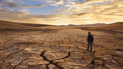 A man walks through a barren desert landscape. The sky is a mix of orange and blue, and the sun is setting. The man is alone, and the desolate landscape gives off a sense of loneliness and isolation - obrazy, fototapety, plakaty
