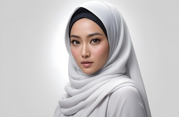 hyper realistic cinematography of a asian beautiful woman draped in amazing hijab, illuminated by a single light. white background
