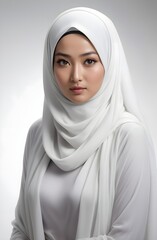 hyper realistic cinematography of a asian beautiful woman draped in amazing hijab, illuminated by a single light. white background