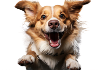 Dog jumping up in the air with its paw, cute joyful animal isolated on transparent background