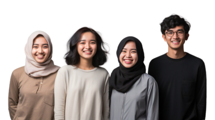 Group of university student friends smiling together, happy friendship concept isolated on transparent background