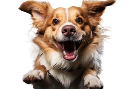 Dog jumping up in the air with its paw, cute joyful animal isolated on transparent background