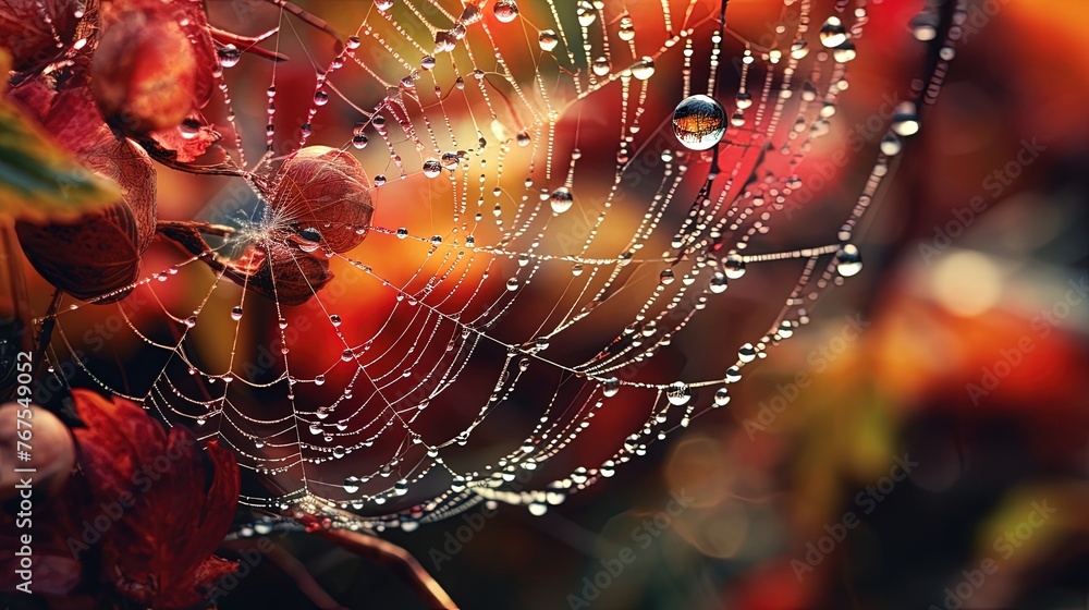 Poster autumn a close up of a droplet laden spider web adorned with colorful leaves caught in its intricate