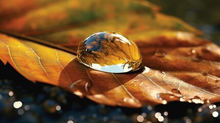 Autumn a close up of a dewdrop on the tip of a leaf the surrounding foliage distorted in its reflection - obrazy, fototapety, plakaty
