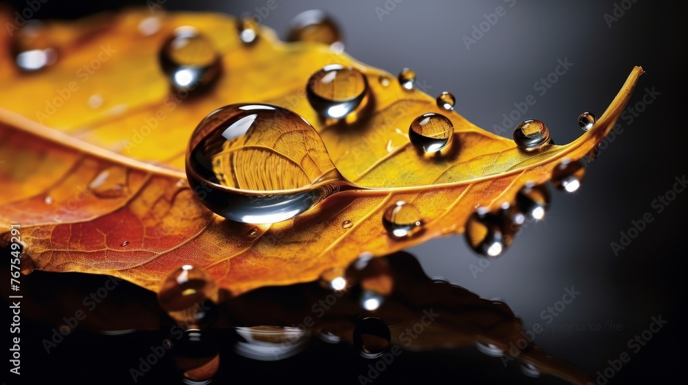 Poster autumn a close up of a leaf its vibrant hues captured in the glassy surface of a raindrop suspended 