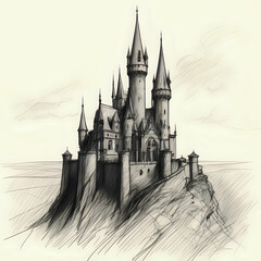 A sketch of a mysterious castle in the style of Gothic art with an aerial viewpoint - generated by ai