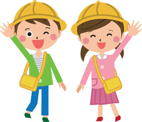 ポップな幼稚園児　男の子女の子　笑顔でハーイ！