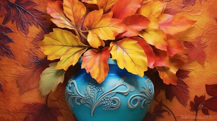 Autumn a close up of a leaf its vibrant colors set against the backdrop of a skillfully hand painted ceramic vase celebrating the beauty of pottery and artistic expression