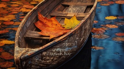 Autumn a close up of a leaf its vibrant colors set against the backdrop of a vintage wooden rowboat evoking a sense of nostalgia and adventure