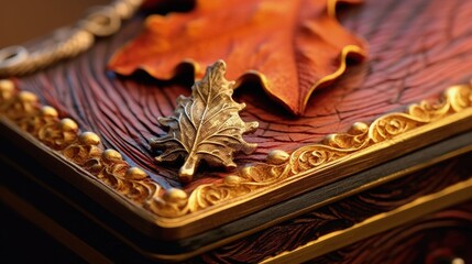 Autumn a close up of a leaf its vibrant colors set against the backdrop of an exquisitely carved wooden music box symbolizing the beauty of melody and craftsmanship