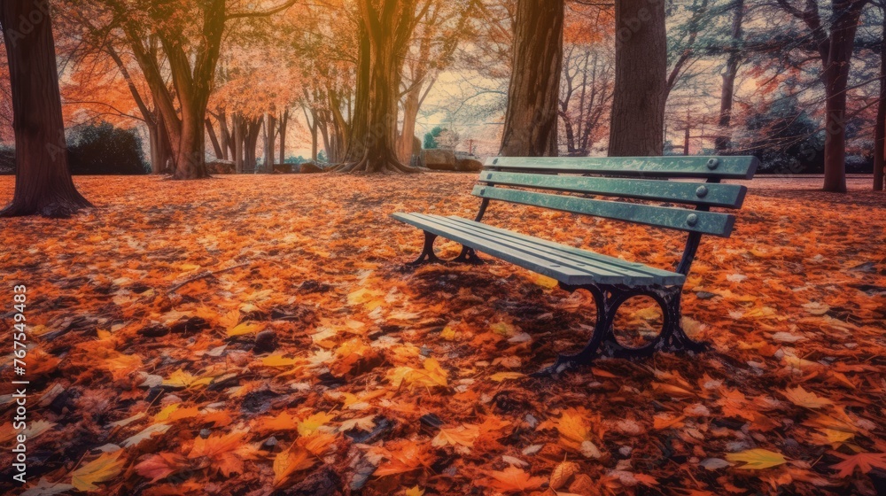 Poster autumn a view of a park bench surrounded by trees shedding their leaves creating a colorful natural 