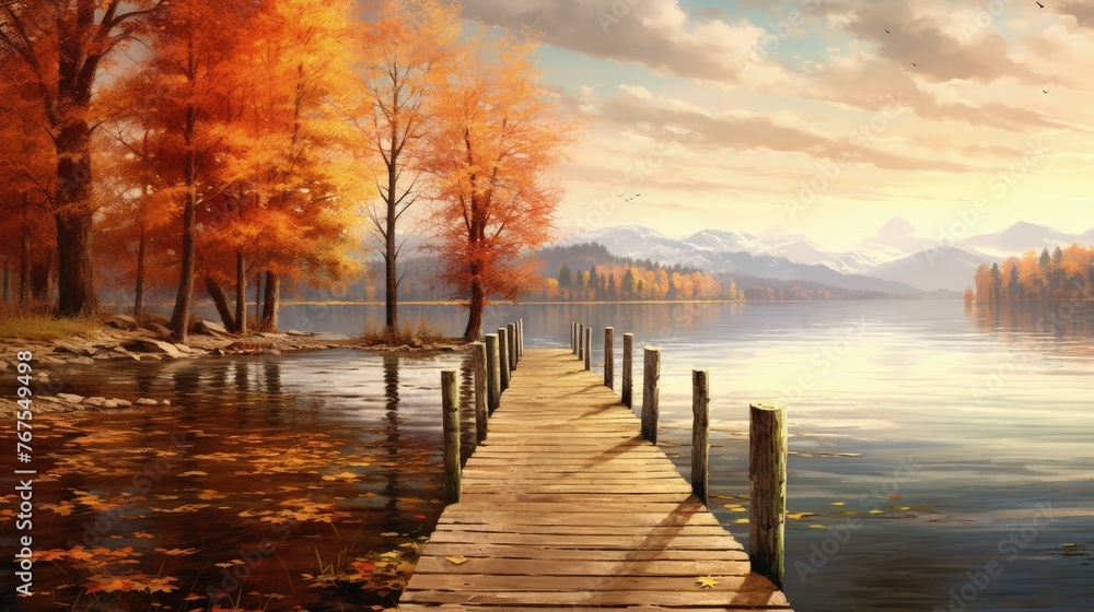 Poster autumn a viewof a serene lakeside with a small wooden pier and surrounding trees displaying their vi