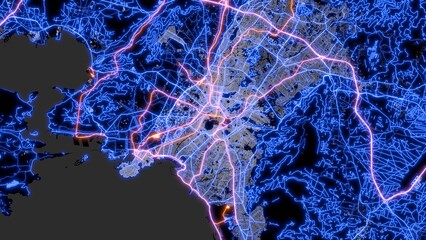 The street map of Athens (Greece) consists of blue glowing neon lines on a black background. Top view of the city center with the road network. The border of water and land.