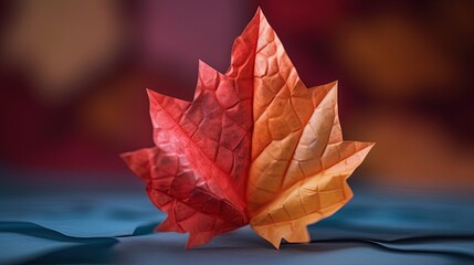 Autumn a close up of a leaf its vibrant hues set against the backdrop of an intricately hand folded origami sculpture showcasing the beauty of paper art and creativity