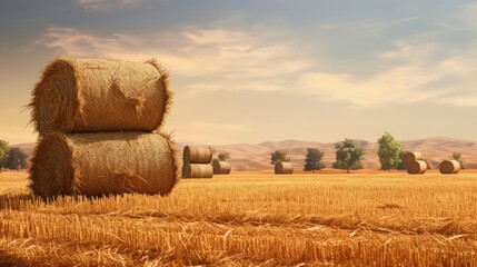 Fototapeta premium Autumn a stack of hay bales in a field with trees in the background exhibiting their fall colors