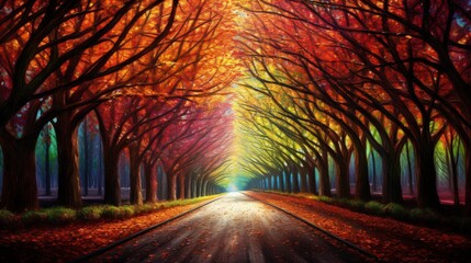 Autumn a tree lined avenue with leaves forming a colorful tunnel overhead