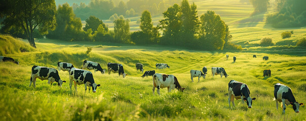 Cows eating lush grass on the green field - obrazy, fototapety, plakaty