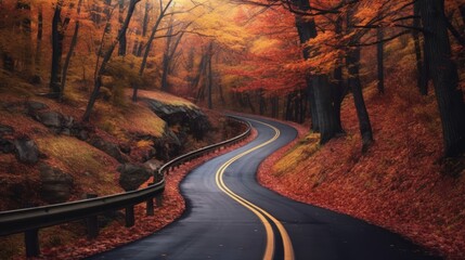 Autumn a view of a country road winding through a landscape ablaze with the vibrant colors of fall - obrazy, fototapety, plakaty