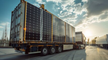 A large shipping container being loaded onto a truck with the words Fragile Solar Panels written on the side. . AI generation. - obrazy, fototapety, plakaty