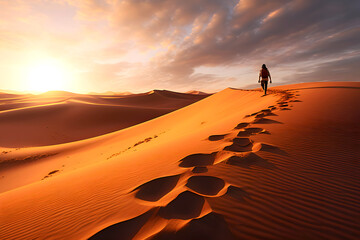 silhouette of a lonely man walking along the sands of the desert dunes towards the sun. human life path concept