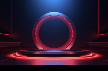 Futuristic scene and showcase room with blue red circle neon podium and a round neon lamp. 3D space with empty stage. Dark Futuristic room with podium, light effect, glare, reflection and glow.