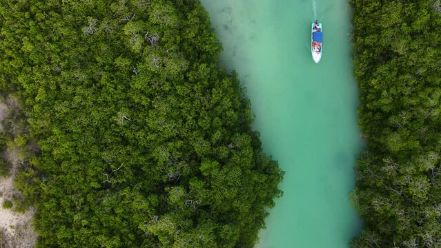 High drone shot over the amazing clear melting water of sea and lagoon of Sian Ka'an Biosphere Reserve.