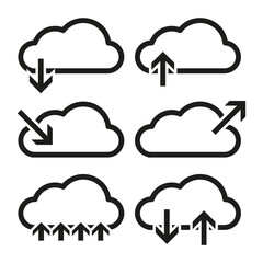Cloud data transfer icons. Upload and download symbols. Data synchronization set. Vector illustration. EPS 10.
