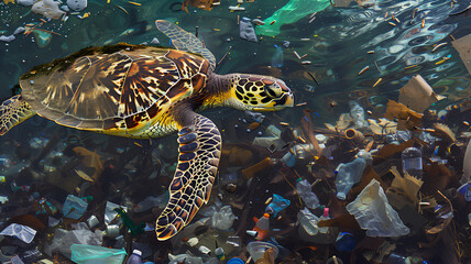 A turtle swims through a sea of plastic bottles. Concept of sadness and despair at the state of our oceans and the impact of human waste on marine life
