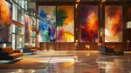 Contemporary art pieces decorating a corporate office lobby