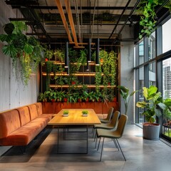 Eco-friendly office design highlighting calming rhythms with indoor plants and sustainable materials - obrazy, fototapety, plakaty