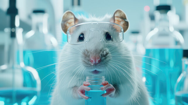 White lab rat holding a chemical test vial. Standing in a laboratory that tests chemicals