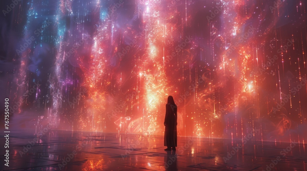 Poster a video projection displays a mesmerizing display of light and sound with each element seamlessly sy
