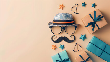 Father's Day poster or banner template with symbol of Dad from hat, glasses and mustache. copy space.