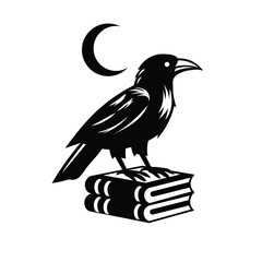 A crow standing on a book with a moon