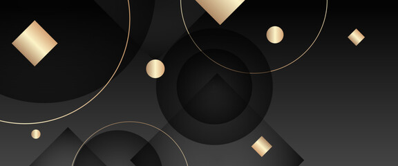 Black and gold vector gradient abstract banner with shapes elements. For background presentation, background, wallpaper, banner, brochure, web layout, and cover