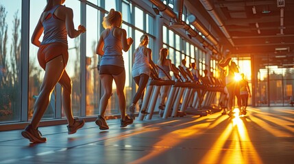 A group of girls performs cardio training in the gym. - obrazy, fototapety, plakaty