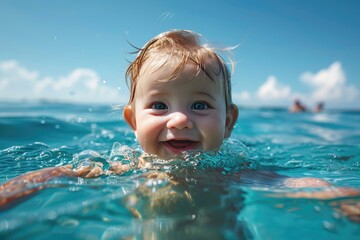 Fototapeta na wymiar A happy baby is swimming in clear sea water.