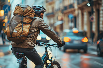 A man in a helmet on a bicycle delivers food. The work of the delivery service.