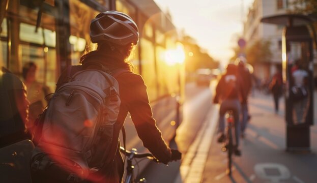 A cyclist riding next to a bus in an urban city, with the focus on their back and side view of them sitting on their bike wearing a helmet and carrying backpacks as they ride Generative AI