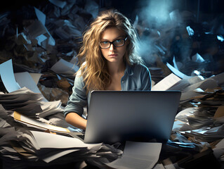 woman works at a laptop in the office against the backdrop of a large warehouse of papers and documents. experience - obrazy, fototapety, plakaty